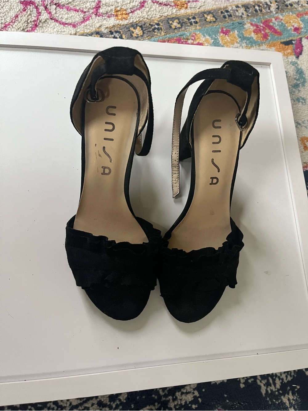 Unisa Black Ruffle Open-Toe Ankle Strap Heels